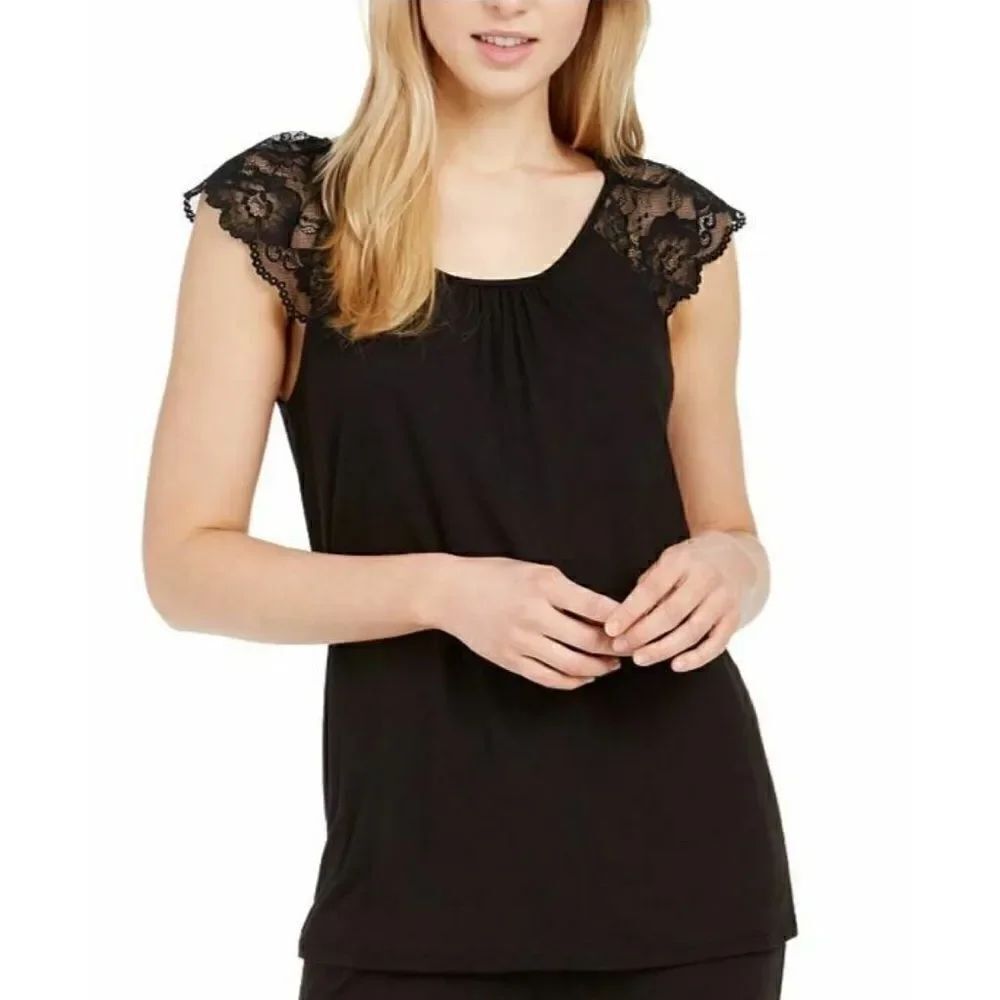 Charter Club Deep Black Lace Trim Pajama Top Shirt Women's XS NWT